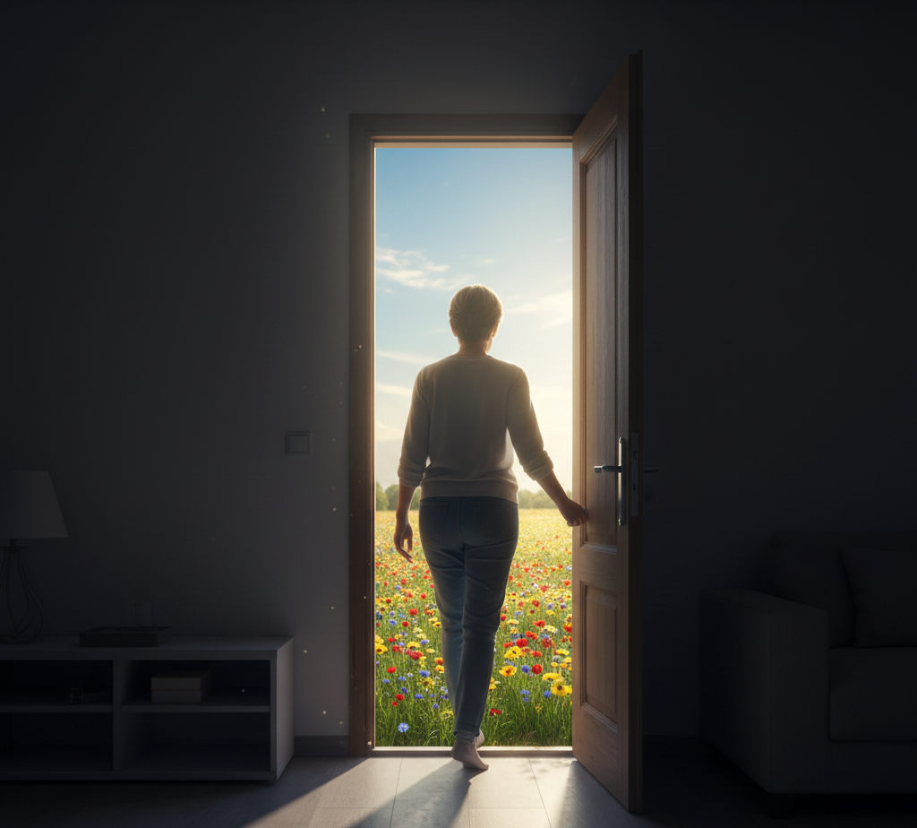 Ruhige Wohnzimmerszene mit Sessel und Pflanzen