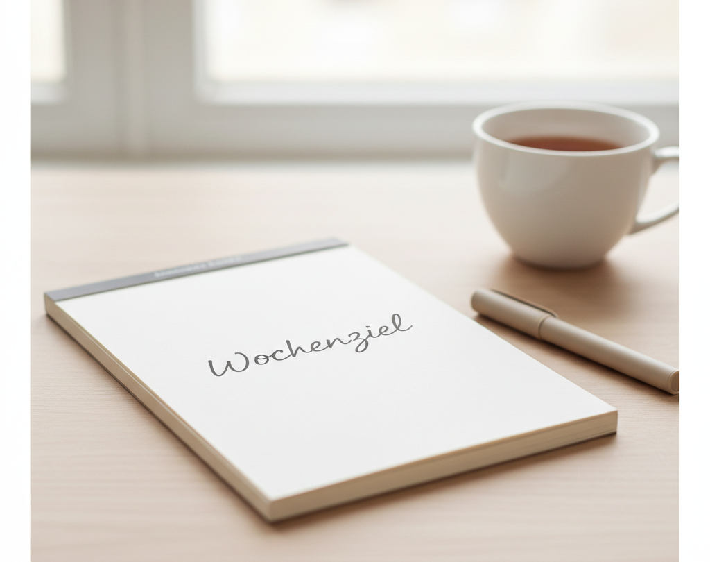 Ruhige Szene mit Notizbuch und Stift für Wochenziele